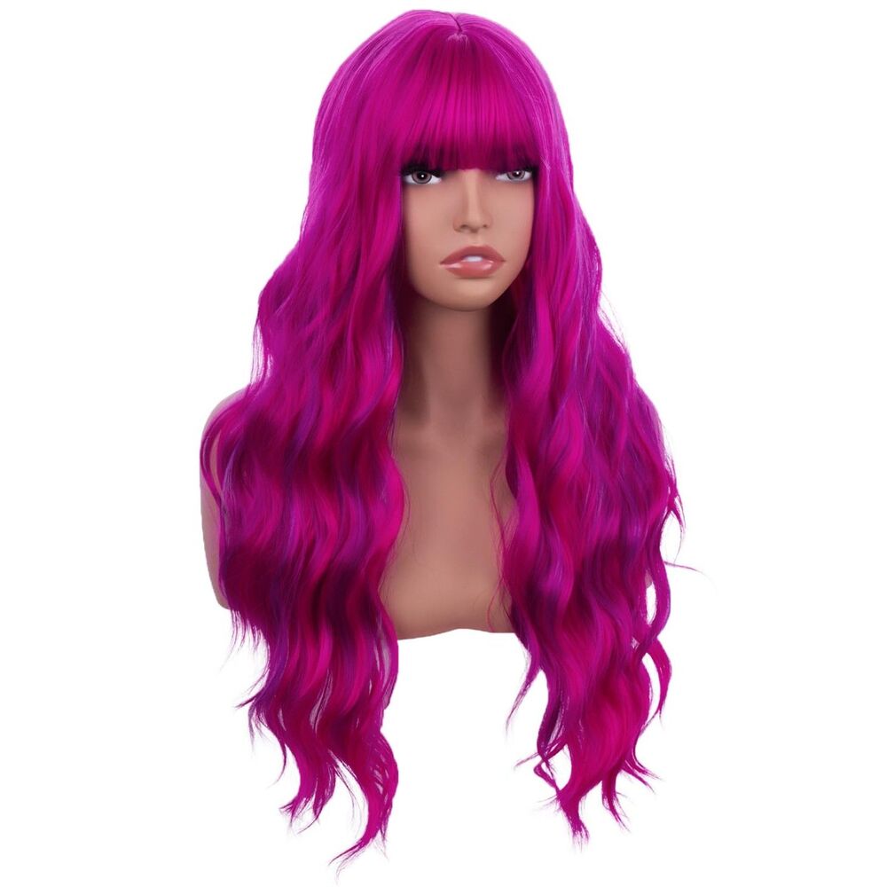 26" Purple Hot Pink Long Wavy Wig w/ Bangs Heat Resistant Synthetic
